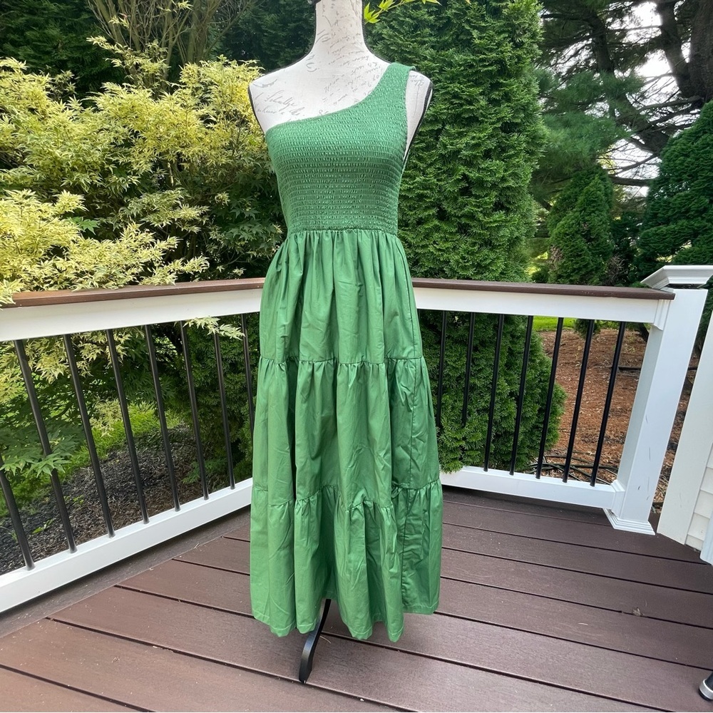 Opt green one shoulder midi cotton summer dress Sz L - Picture 7 of 12